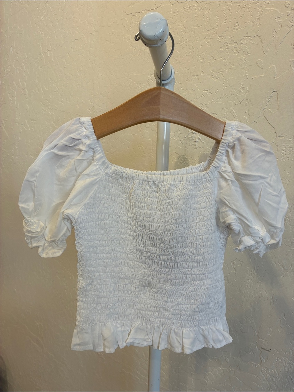 Girls White Smocked Puff-Sleeve Top
